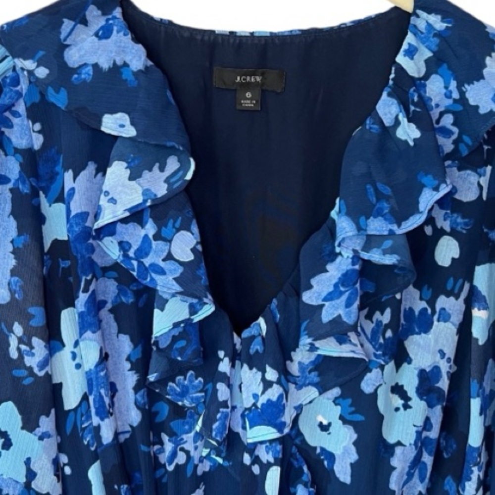J. Crew Blue Floral Long Sleeve Ruffle Collar Midi Dress Size 6 - Picture 4 of 16